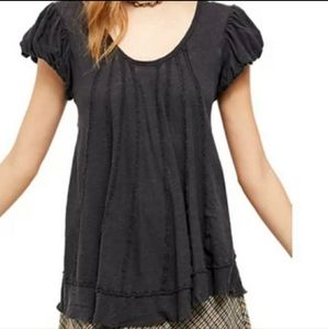 Free People Tee Swing Star Washed Black Short Flutter Sleeves Size Small NWT